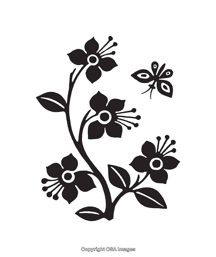 Black and White Floral Line Illustration with Butterfly Element