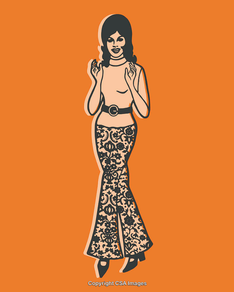 Vintage Illustration of Mod Style Woman in Retro Floral Bell-Bottoms