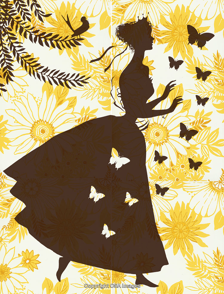 Elegant Silhouette of Woman in Floral Setting With Butterflies and Nature
