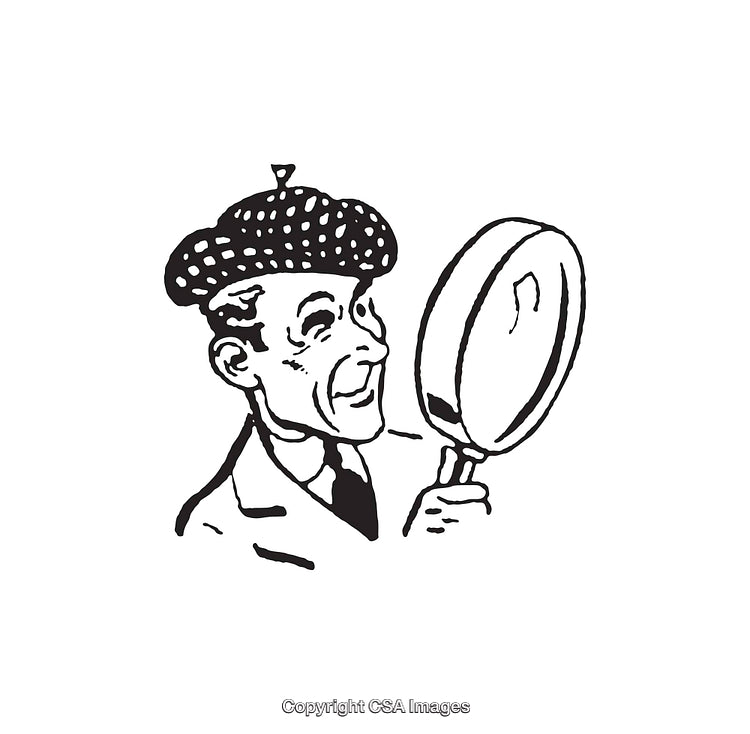 Black And White Illustration of Man Observing with Magnifying Glass