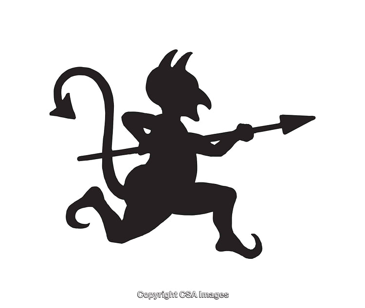 Silhouette of a Mischievous Devil Holding a Spear in Black and White