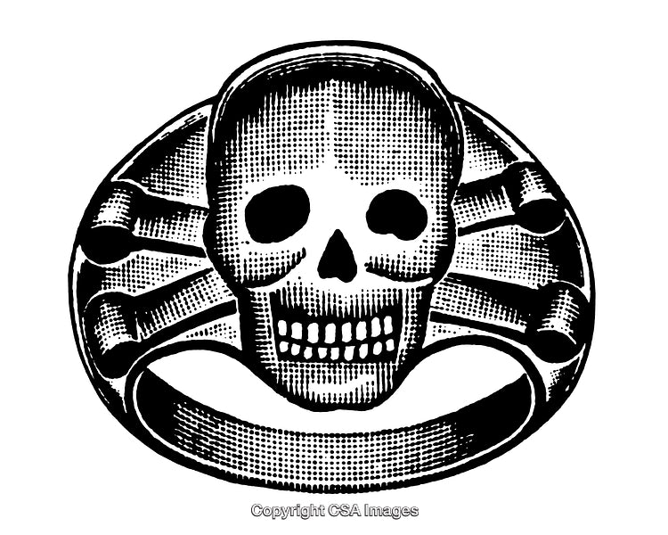 Black And White Engraving of A Skull and Bones Ring Illustration