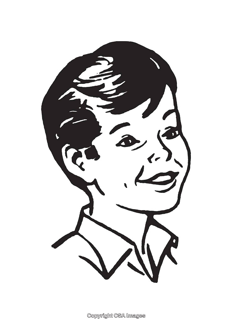 Black and White Line Art Illustration of a Smiling Young Boy