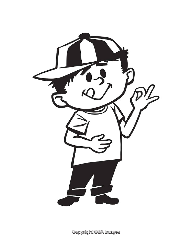 Cheerful Cartoon Boy Giving an OK Hand Sign in Black and White