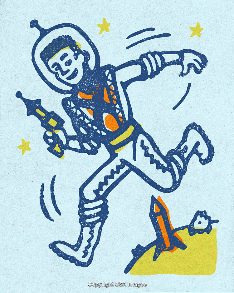 Retro Astronaut Drawing in Space With Stars and Rocket Scene