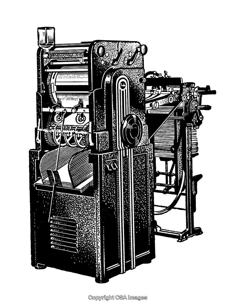 Vintage Black and White Engraving of a Printing Press Design