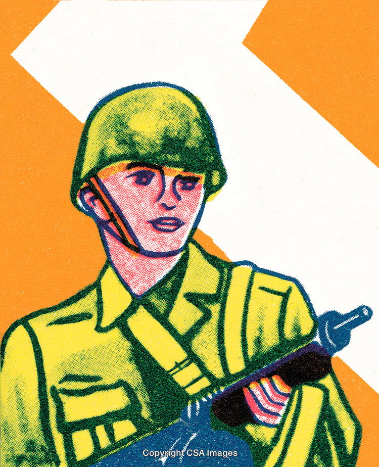 Illustrated Soldier Holding a Weapon in Retro Art Style