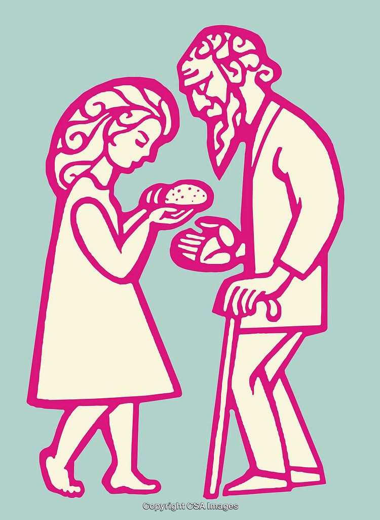 Colorful Line Art Illustration Depicting Generosity and Kindness Between Generations