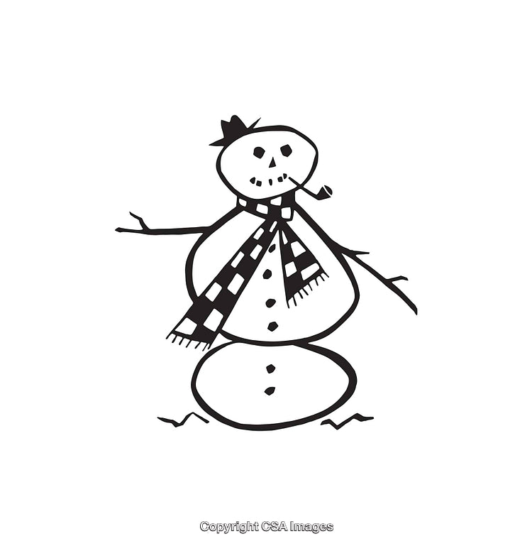 Black and White Line Drawing of a Frosty Snowman with Accessories
