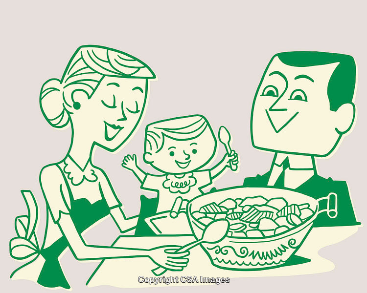 Retro Line Art Illustration of a Happy Family Sharing a Meal Together