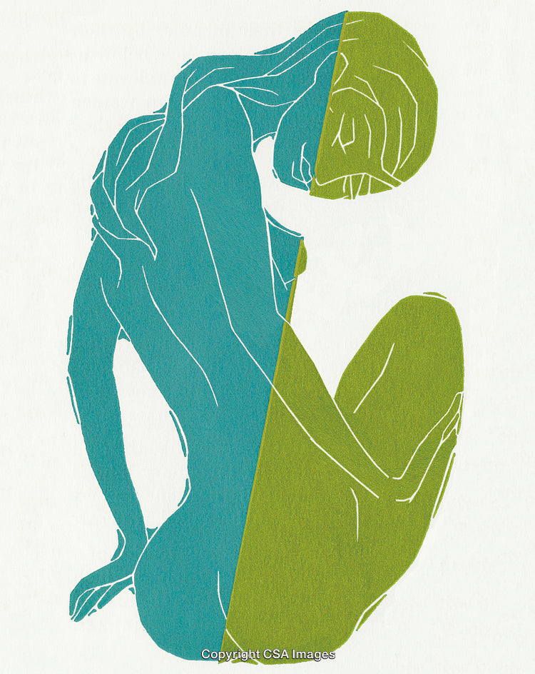 Abstract Stylized Depiction of Seated Woman in Vibrant Blue and Green Colors