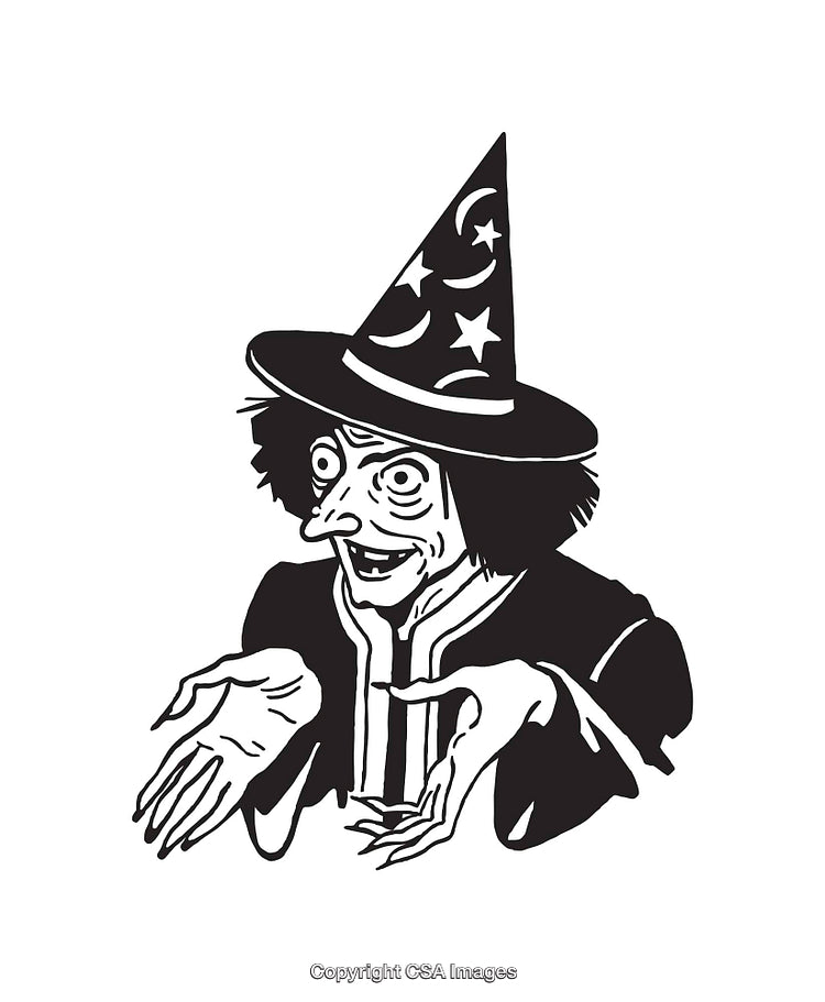 Black and White Line Art of a Witch with Spellbinding Gesture