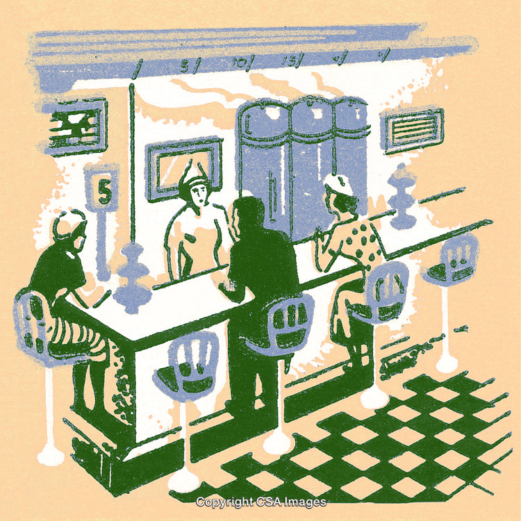 Retro Illustration of a Restaurant Scene with Customers and a Counter