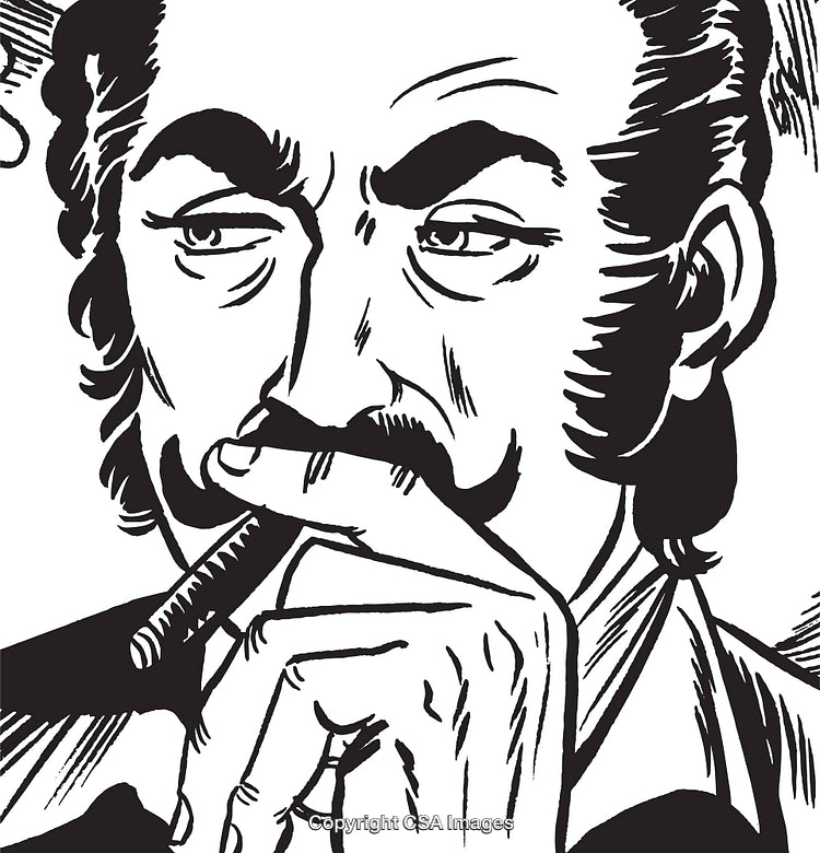 Black and White Vintage Drawing of a Man Smoking a Cigar