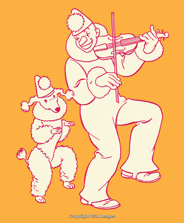 Clown Playing Violin with Dancing Dog in Colorful Line Art Illustration