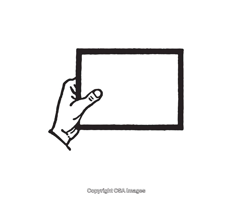 Hand Holding a Blank Rectangular Frame in Black and White Line Art