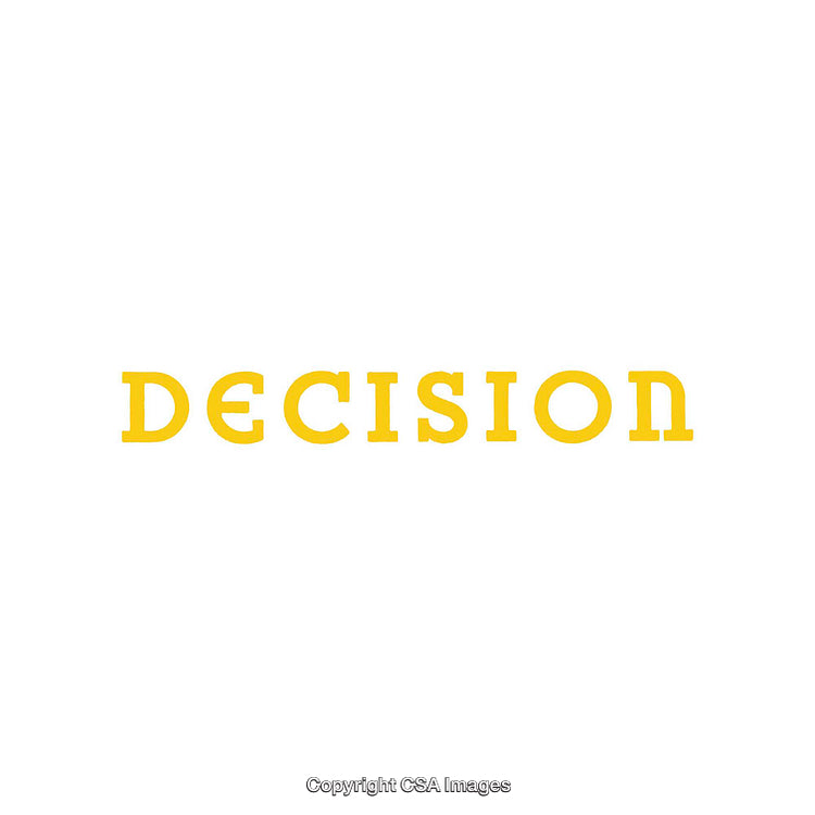 Yellow Word Decision on White Background Expressing Thoughtful Choice or Action