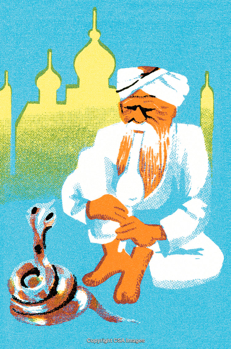 Eastern Snake Charmer With Cobra in Traditional Setting and Backdrop