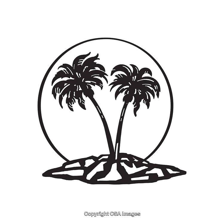 Black and White Line Art Illustration of Two Palm Trees on an Island
