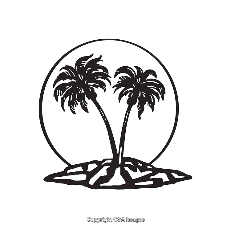 Black and White Line Art Illustration of Two Palm Trees on an Island