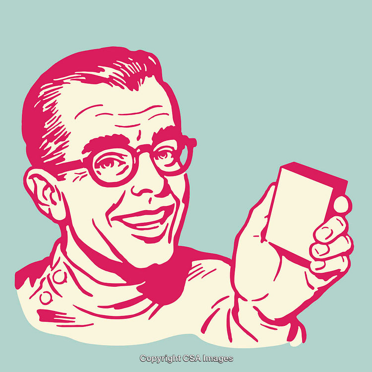 Retro Illustration of a Smiling Man Holding a Blank Product