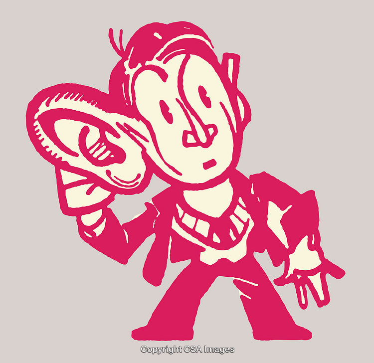 Cartoon Character Listening Closely With Enlarged Ear in Pink Line Art Style