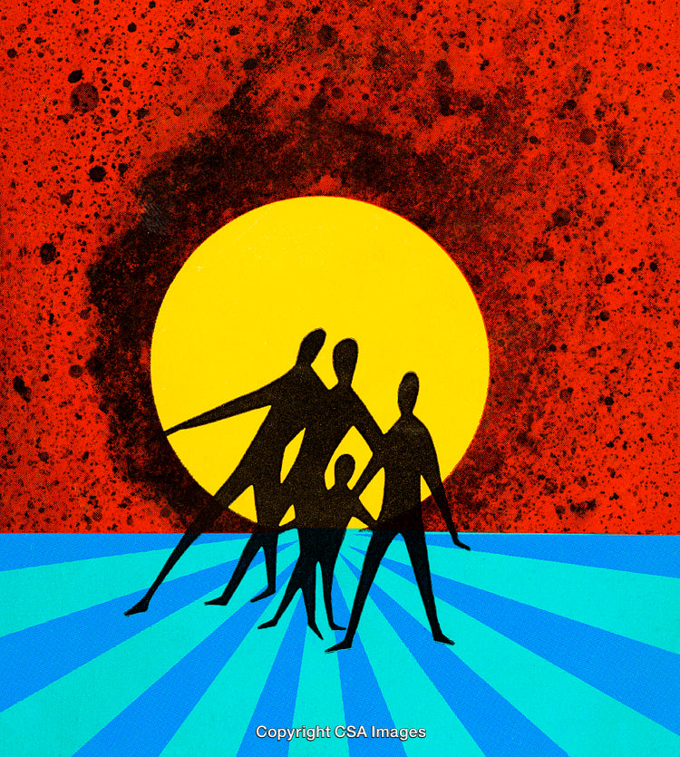 Silhouettes of a Family United Against a Vibrant Sunset Background