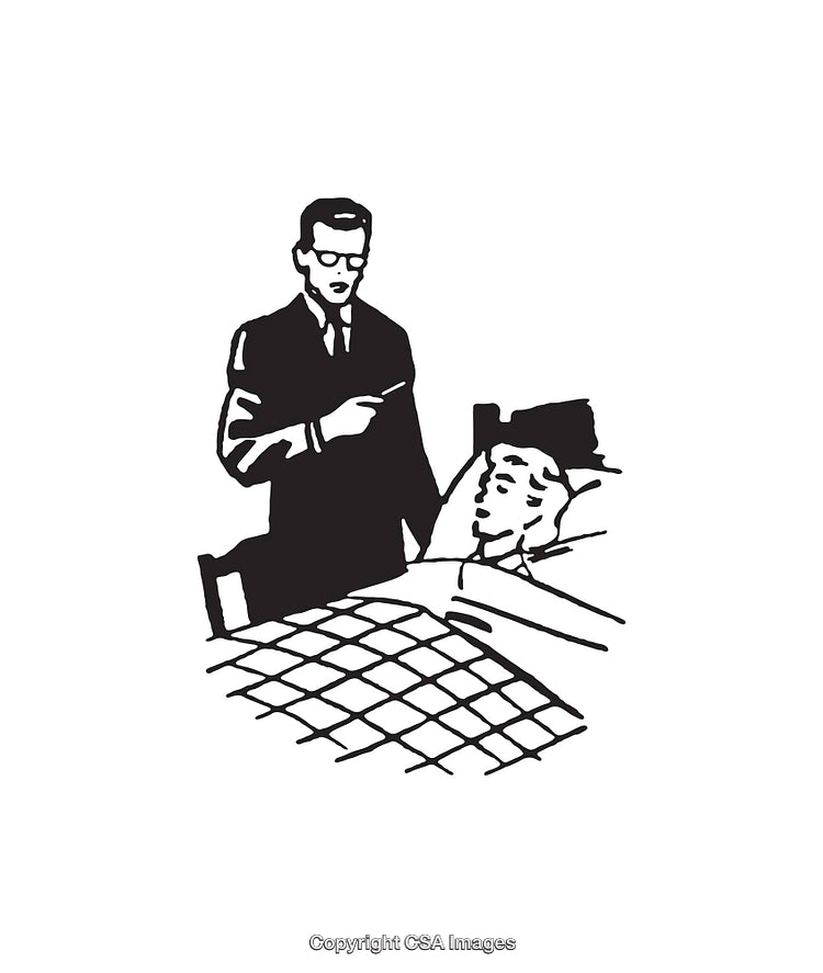 Black and White Illustration of a Doctor Visiting a Patient in Bed