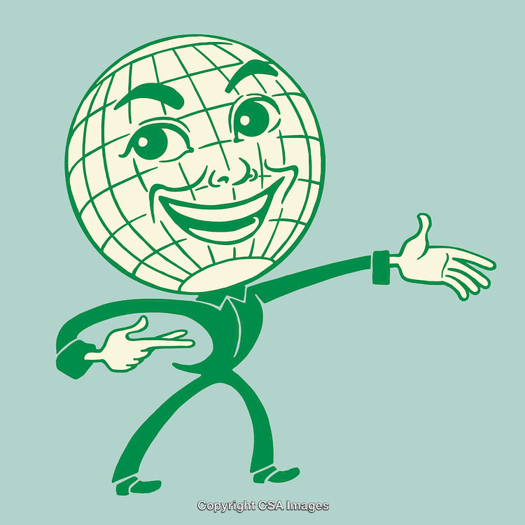 Playful Globe Character Pointing in Vibrant Green Artwork