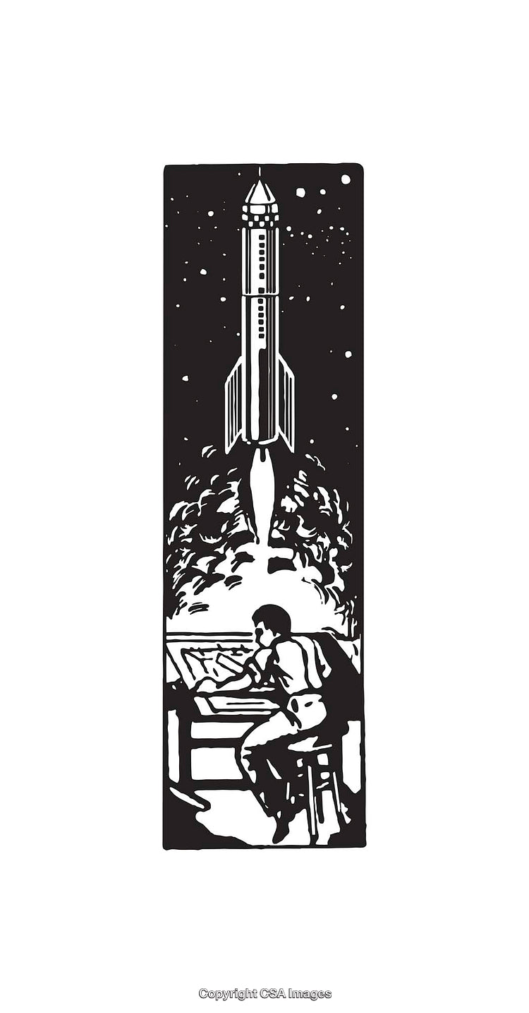 Vintage Black-and-White Line Art of a Rocket Launch and Designer