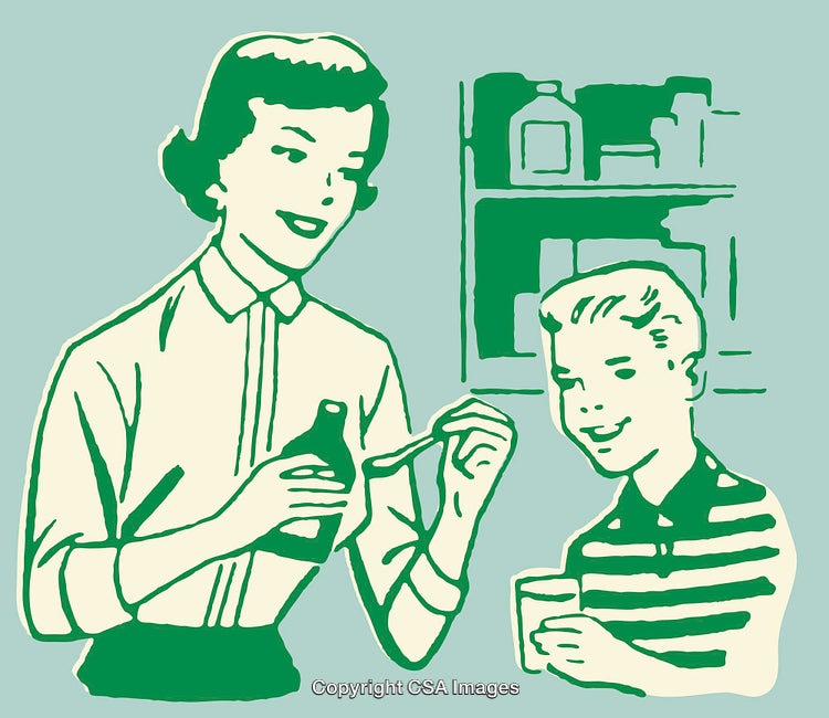 Retro Line Art of a Woman and Boy in a Kitchen Setting