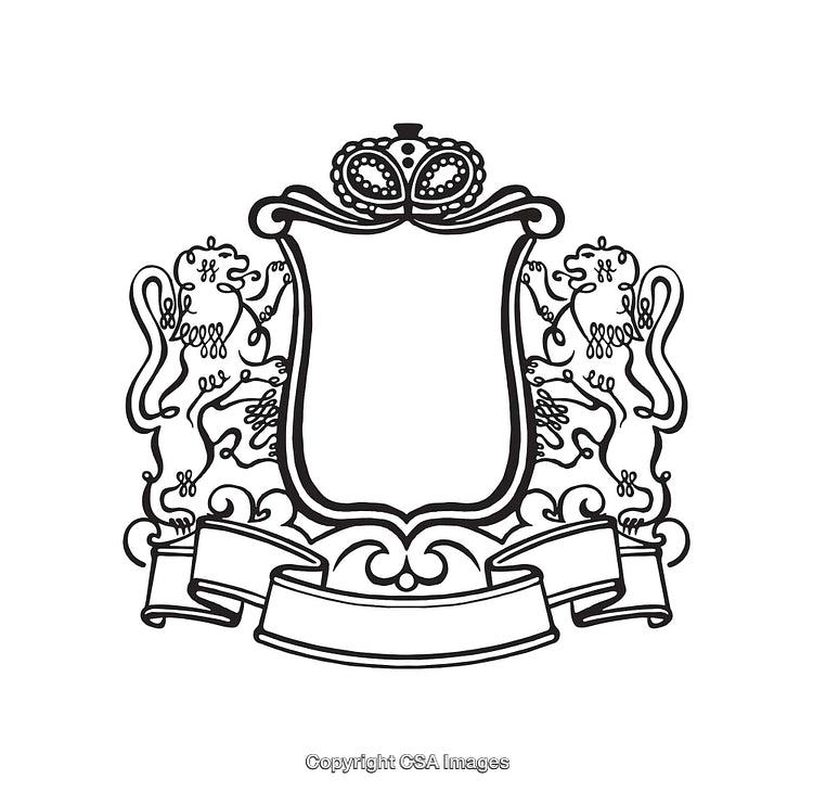 Heraldic Crest Line Drawing Featuring Lions and Royal Crown