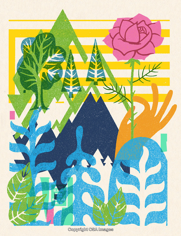 Colorful Abstract Nature Composition with Trees, Flowers, and Geometric Patterns