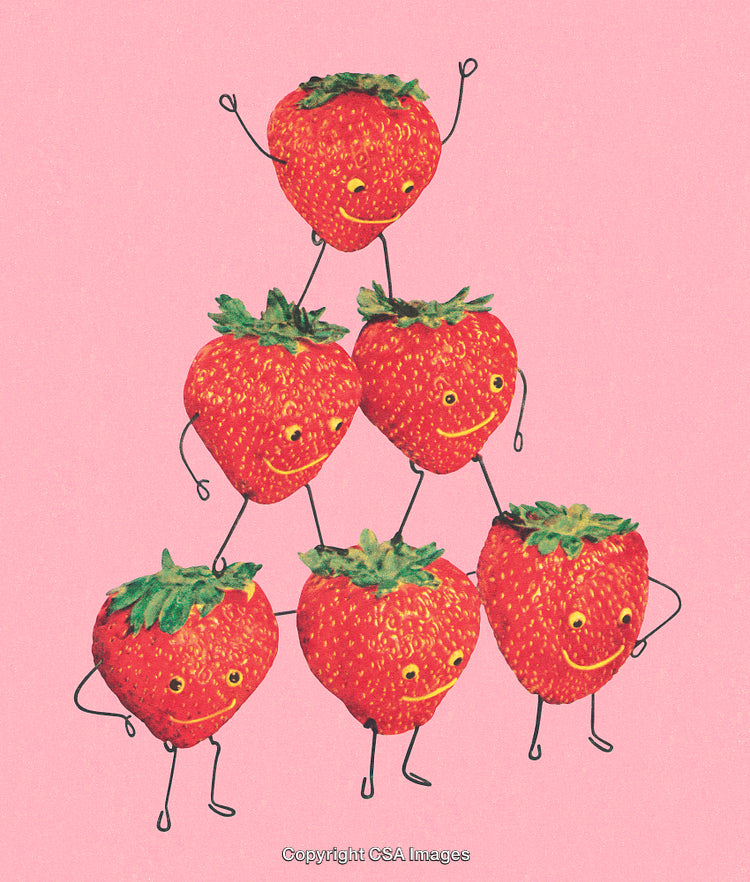 Creative Illustration of Anthropomorphic Strawberries Building a Cheerful Human Pyramid