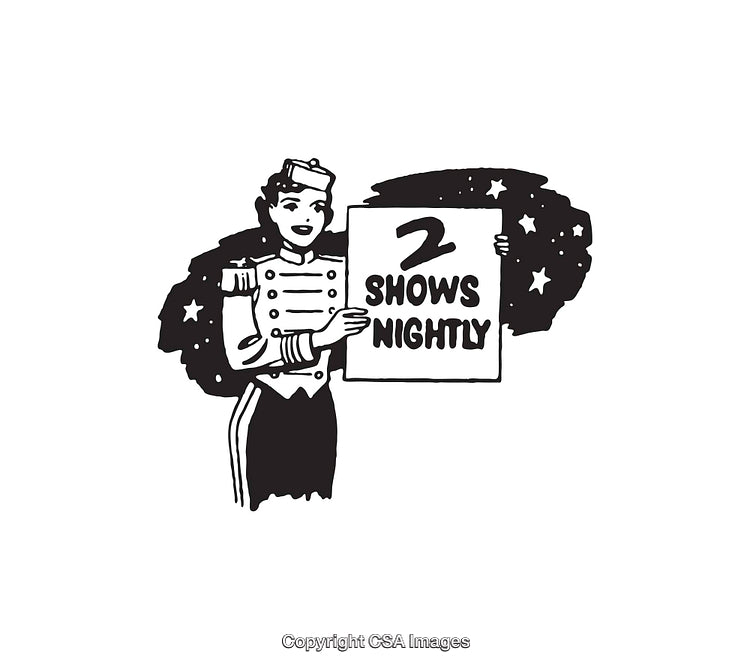 Black and White Line Art of Performer Holding Sign Advertising Shows