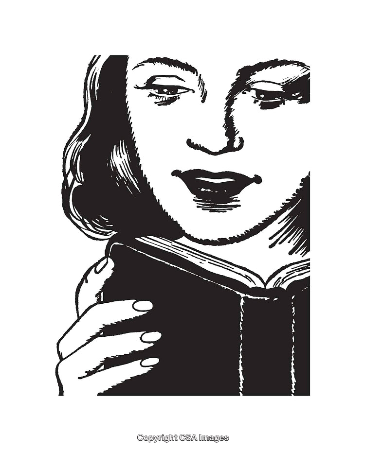 Black and White Line Art of a Woman Reading a Book