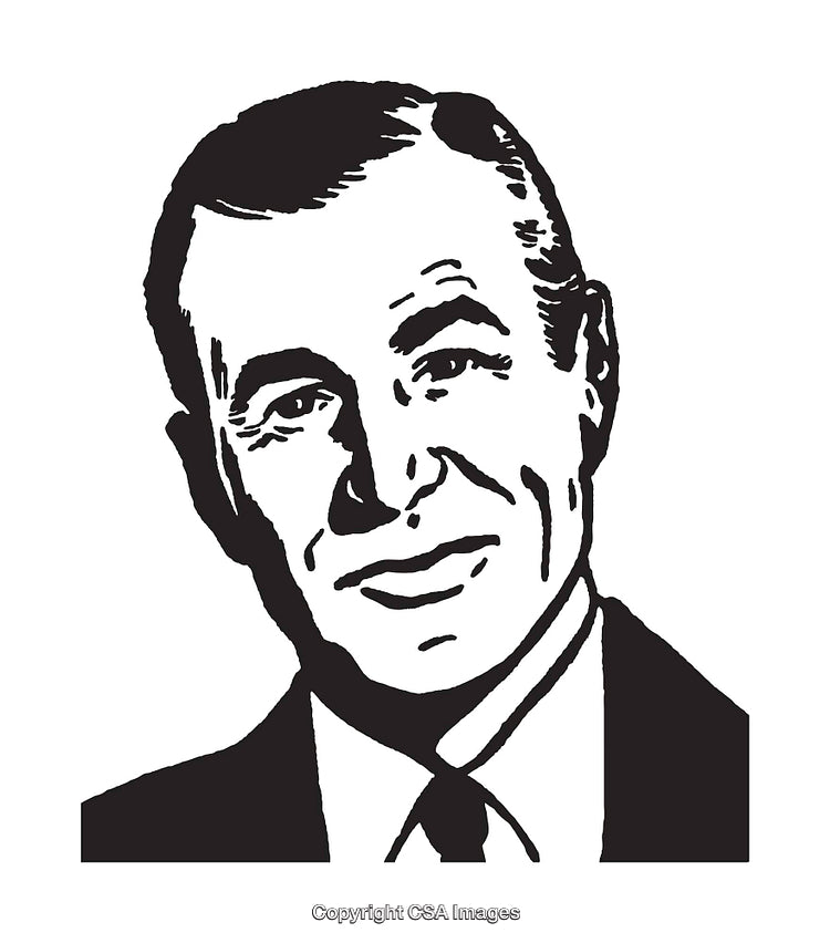 Black and White Illustration of a Smiling Mature Man in Formal Attire