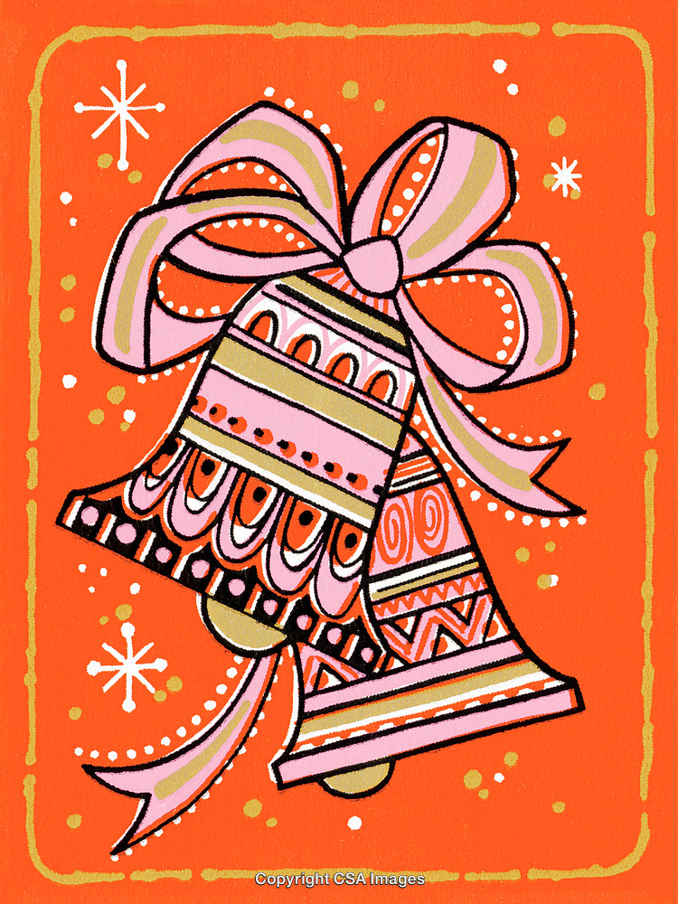 Colorful Christmas Bells With Decorative Patterns and Bow on Orange Background