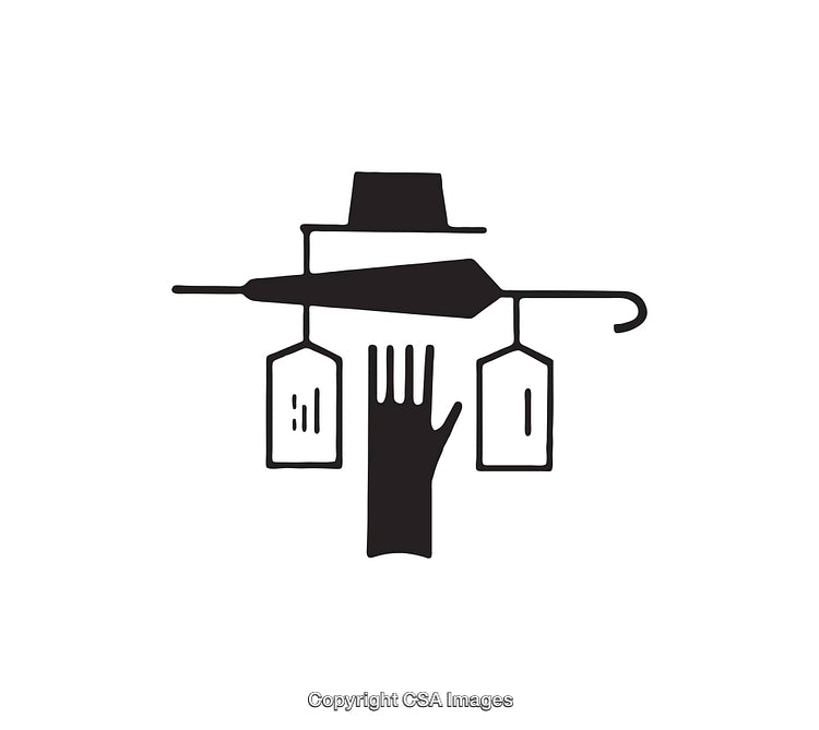 Minimalist Black and White Icon Depicting Hand, Hat, and Umbrella Symbols