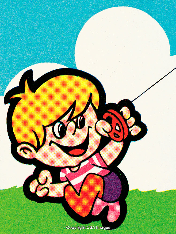 Cartoon Illustration of a Happy Child Flying a Kite Outdoors