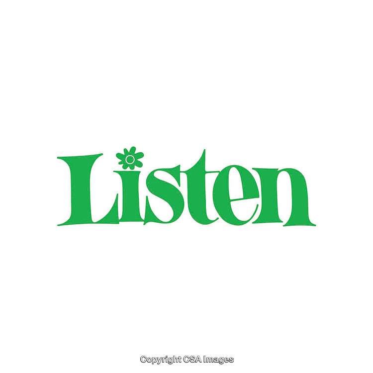 Vibrant Green Typographic Graphic Reading 'Listen' with Floral Accent
