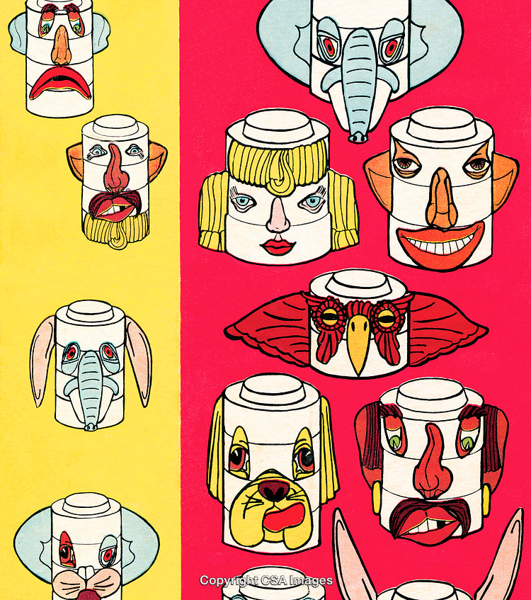 Colorful Illustrated Masks Featuring Human and Animal Faces in Artistic Style