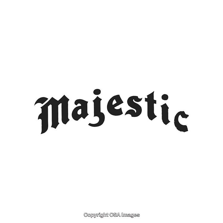 Stylized Gothic Script Word Art Depicting 'Majestic' in Black on White Background