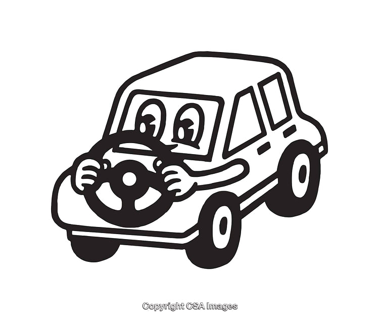 Cartoon Black and White Car Driving Illustration with Unique Expressions
