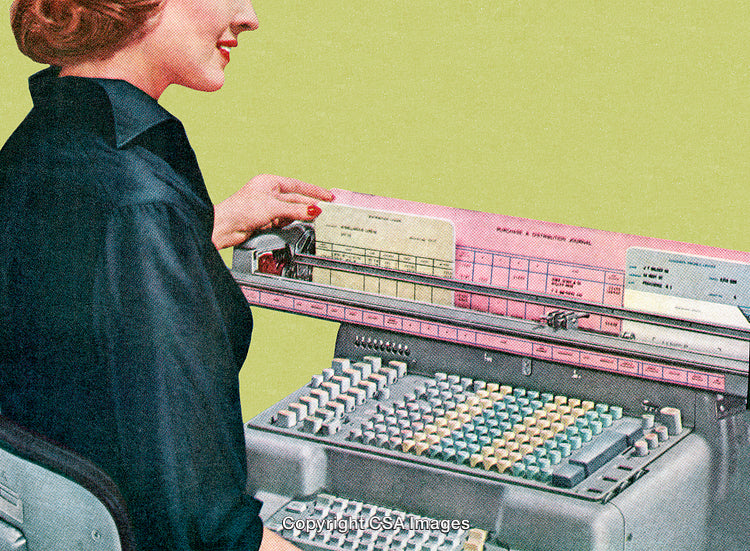 Vintage Image of Woman Using Early Office Computing Equipment