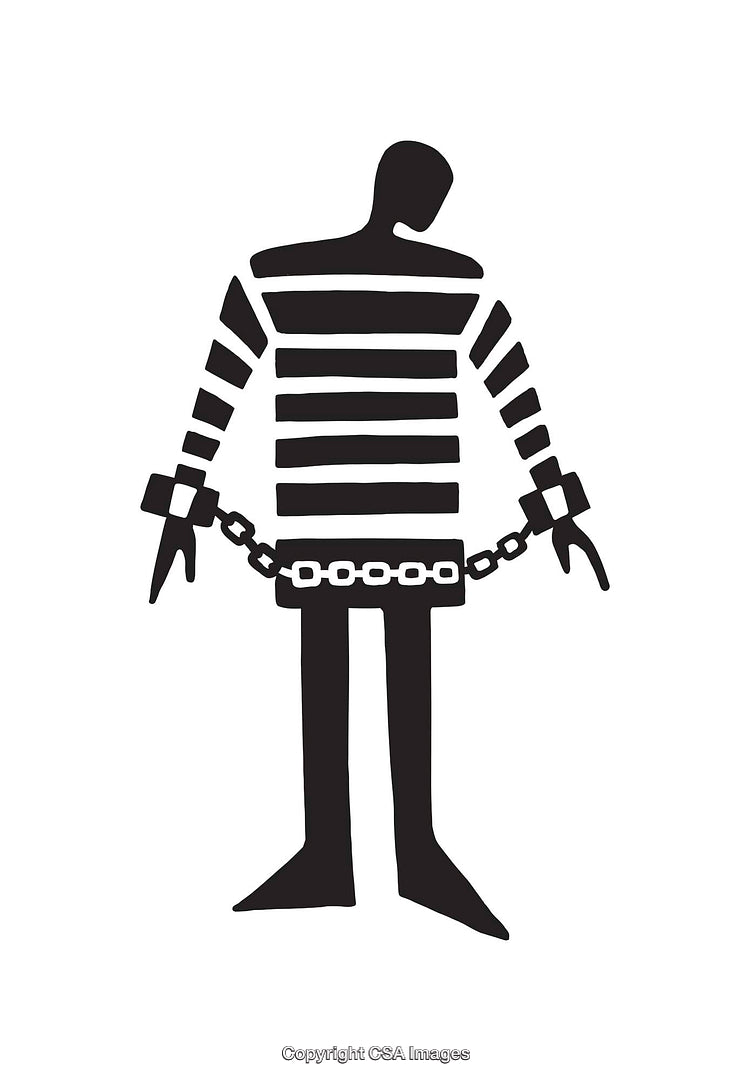 Silhouette of Prisoner in Striped Uniform With Shackles and Chains