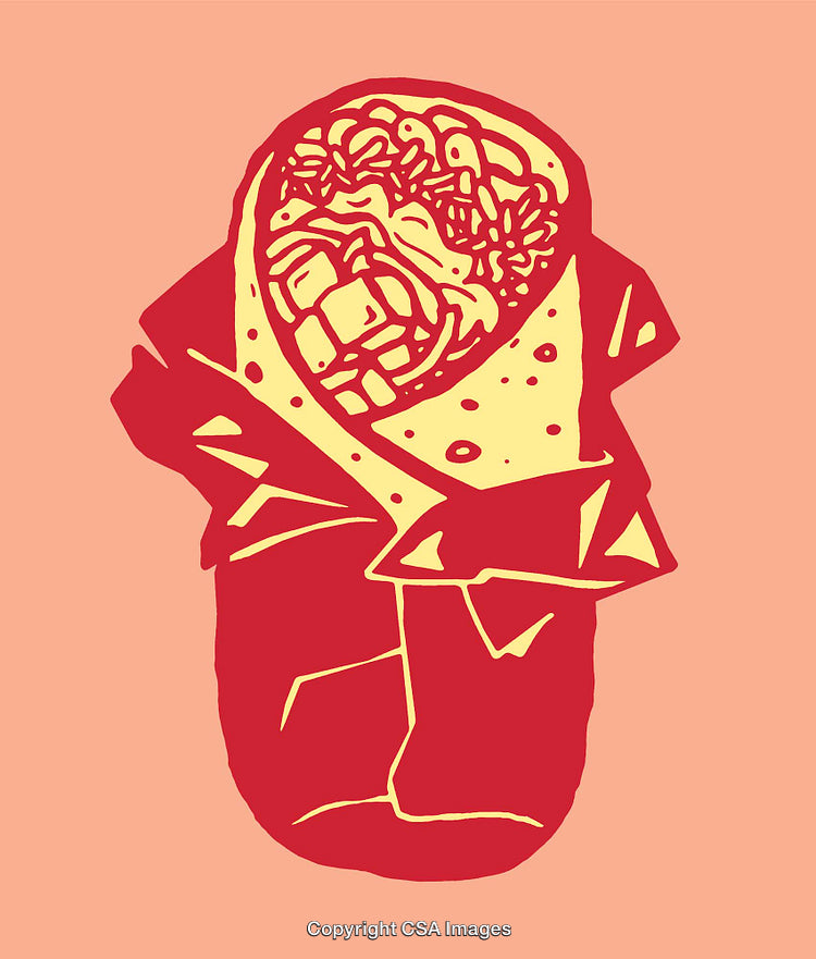 Stylized Line Art Illustration of a Delicious Wrapped Burrito in Bold Colors