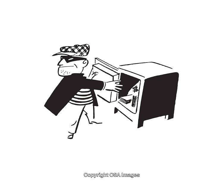 Black And White Illustration of a Burglar Opening a Safe for Theft