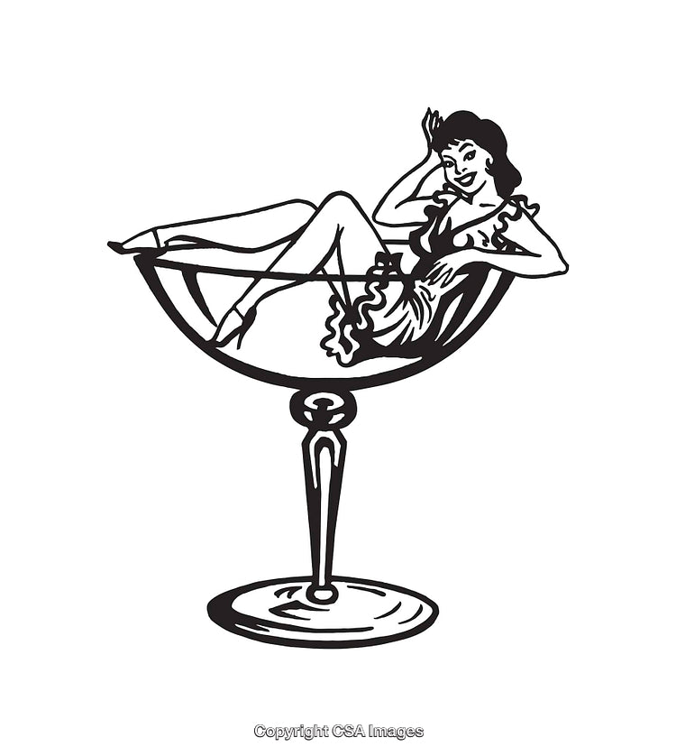 Vintage Pin-Up Girl Relaxing in Martini Glass Line Art Illustration