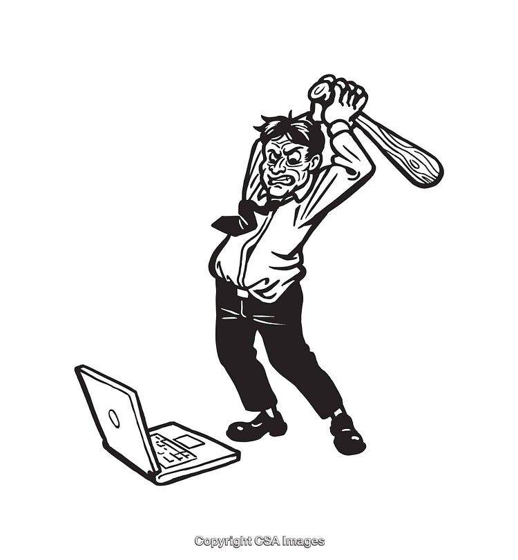 Angry Man Smashing Laptop with a Bat Black and White Line Art